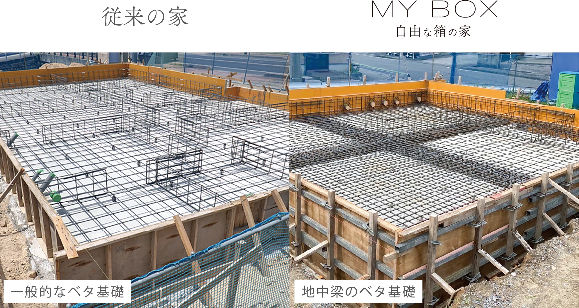 従来の家の基礎 / 自由な箱の家の基礎