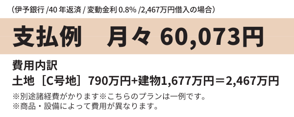 C号地土地790万円+建物1,677万円=2,467万円(2,467万円の借入・伊予銀行・40年返済・変動金利0.8%の場合、月々60,073円)
